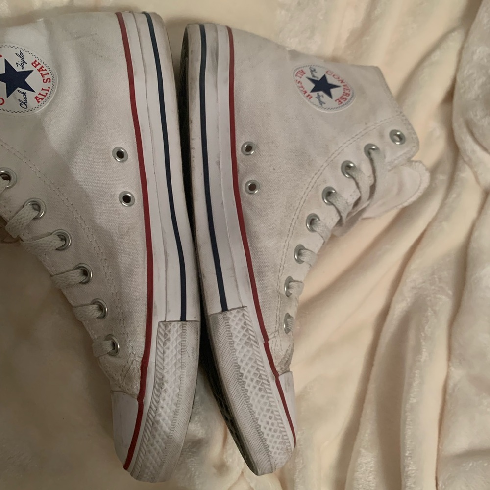 Converse White Canvas High-Tops with Red and Blue Stripes